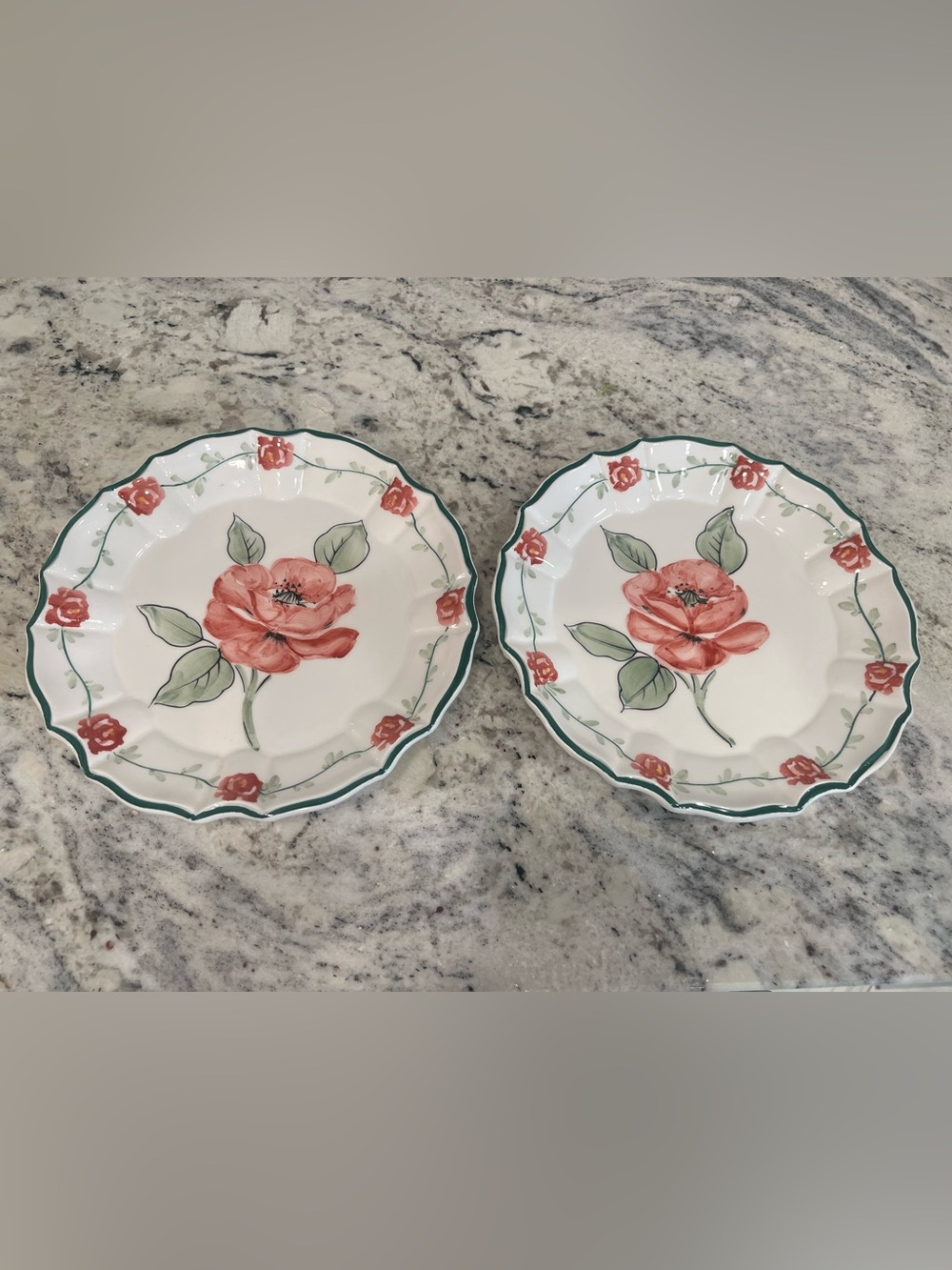 2 Lord & Taylor Ceramic Dinner Plates with Coral Roses Green Trim made in Italy
